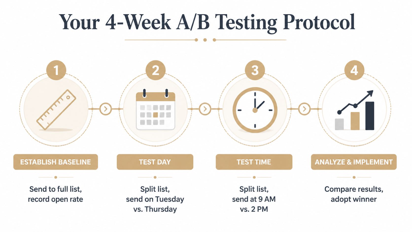 A four-step infographic illustrating a simple A/B testing protocol for optimizing newsletter email send times and days.