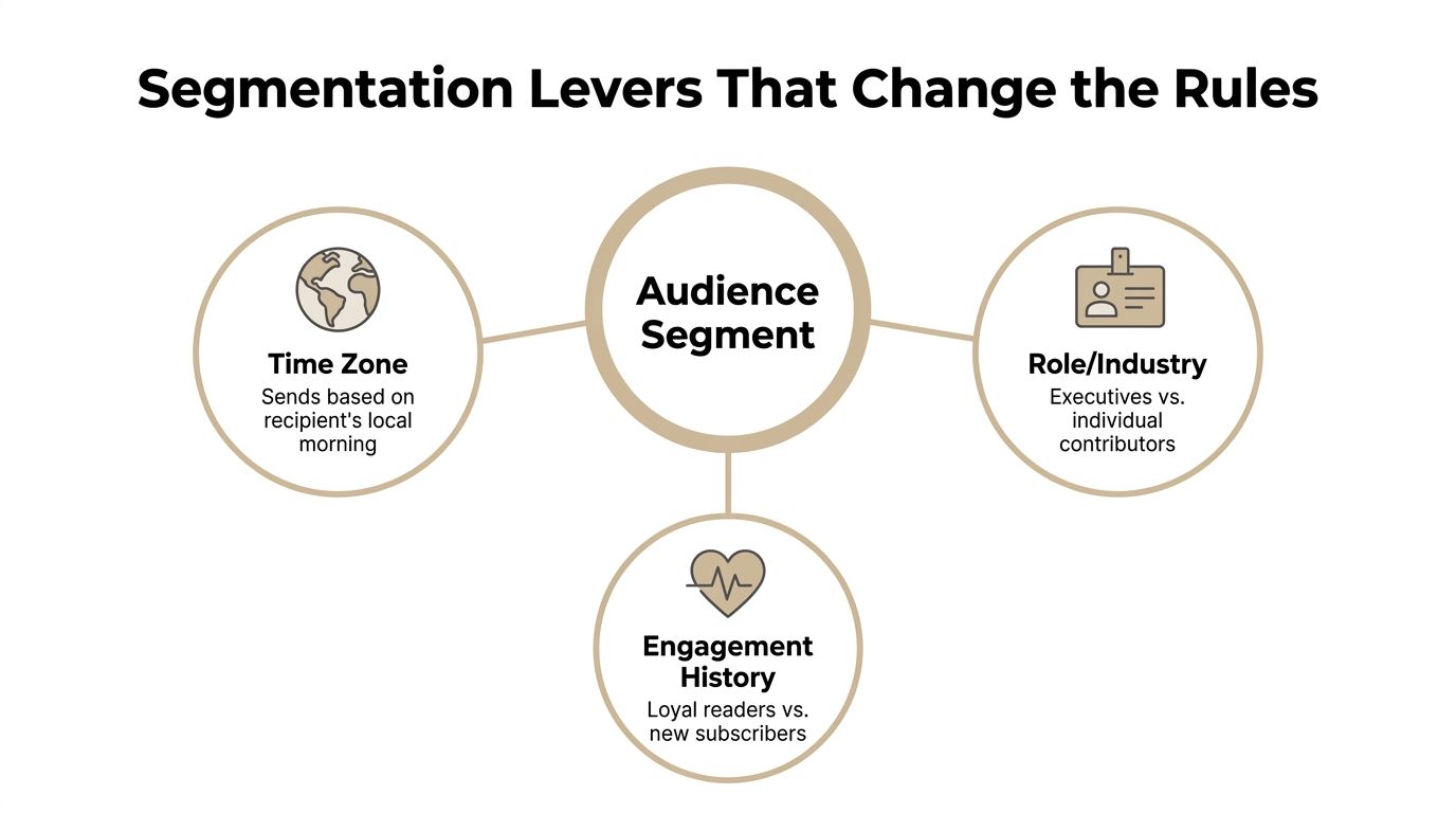 A diagram illustrating three audience segmentation levers: time zone, role and industry, and engagement history for newsletters.