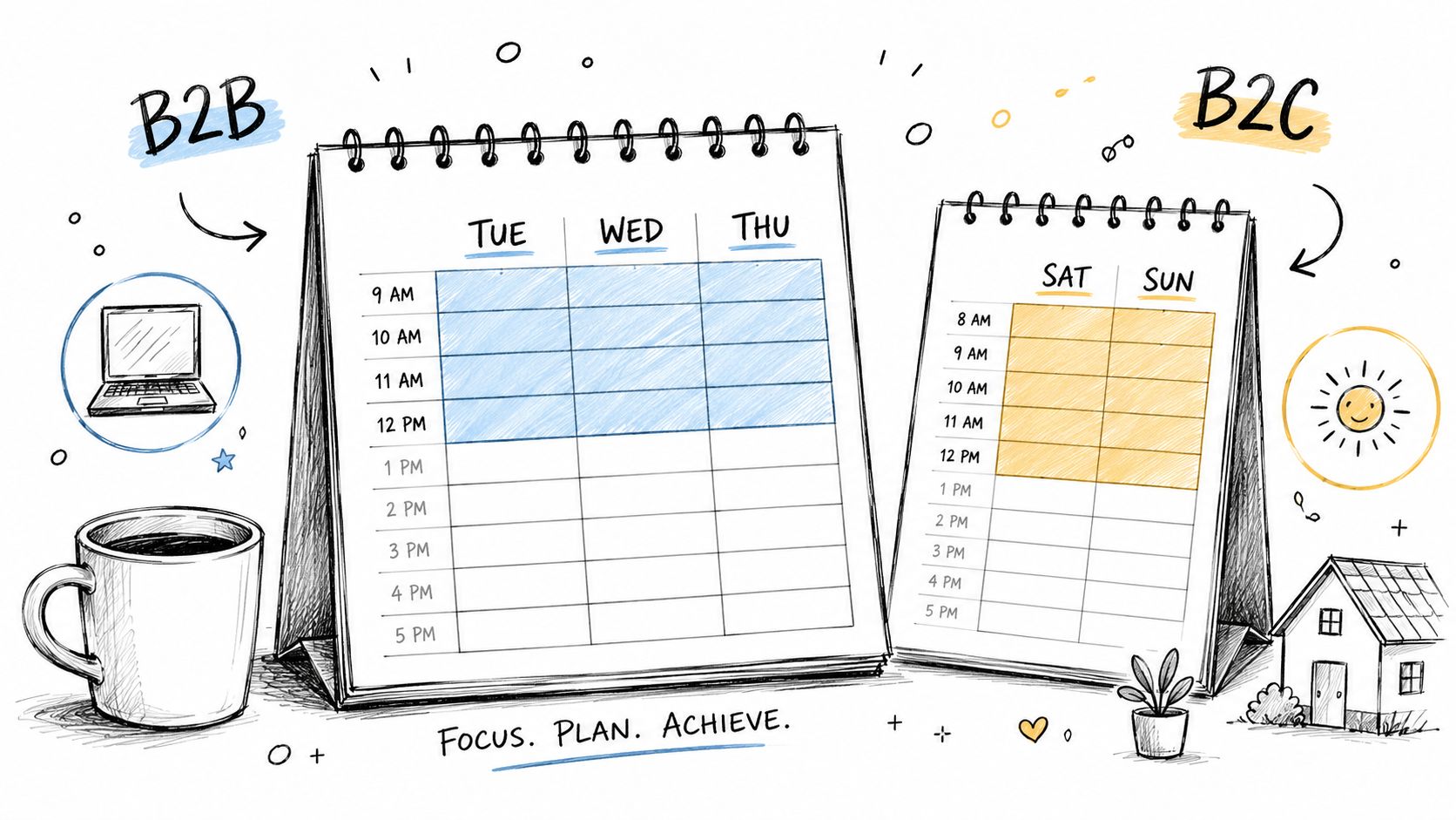 A hand-drawn illustration showing B2B business hours on a weekday calendar and B2C weekend hours.