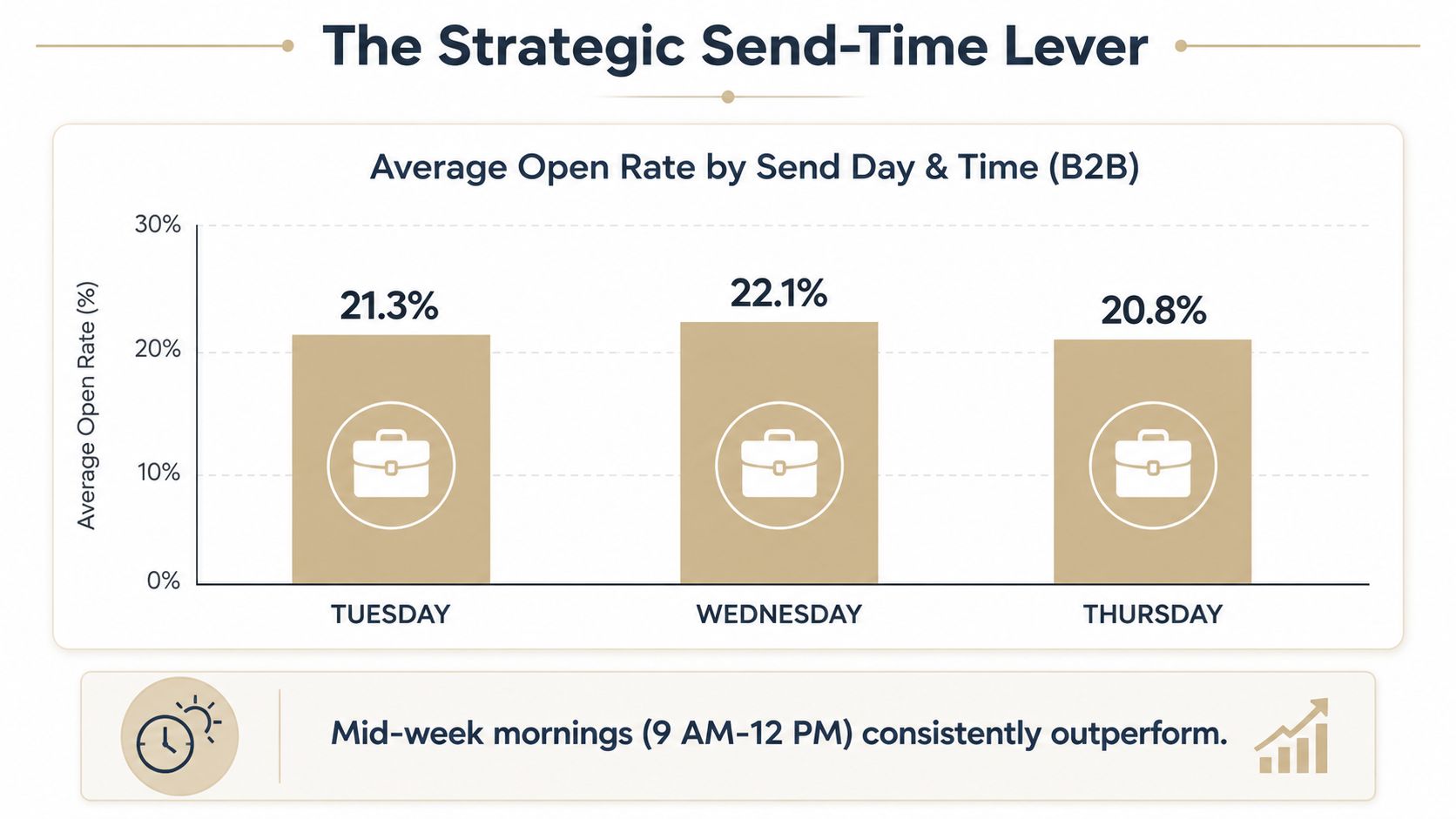 A bar chart showing average email open rates for B2B newsletters on Tuesday, Wednesday, and Thursday.