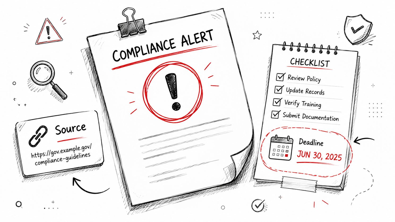 Compliance alert notice with a checklist and deadline for document submission illustrated in a sketch style.