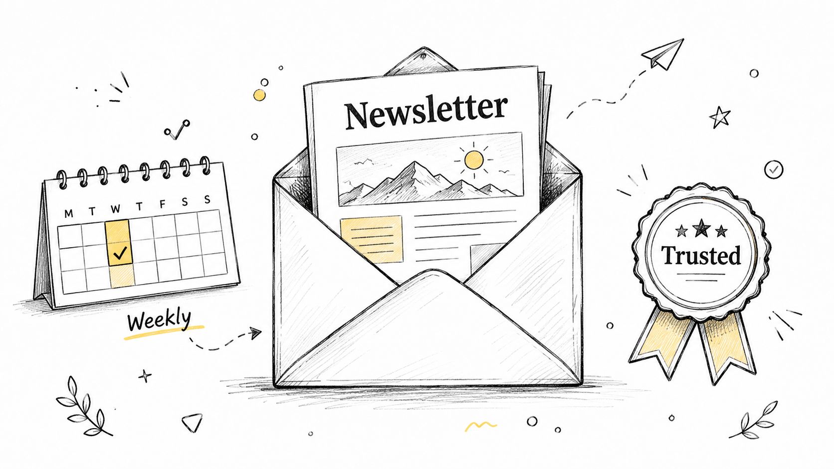 A hand-drawn illustration showing a newsletter in an envelope, a weekly calendar, and a trusted badge.