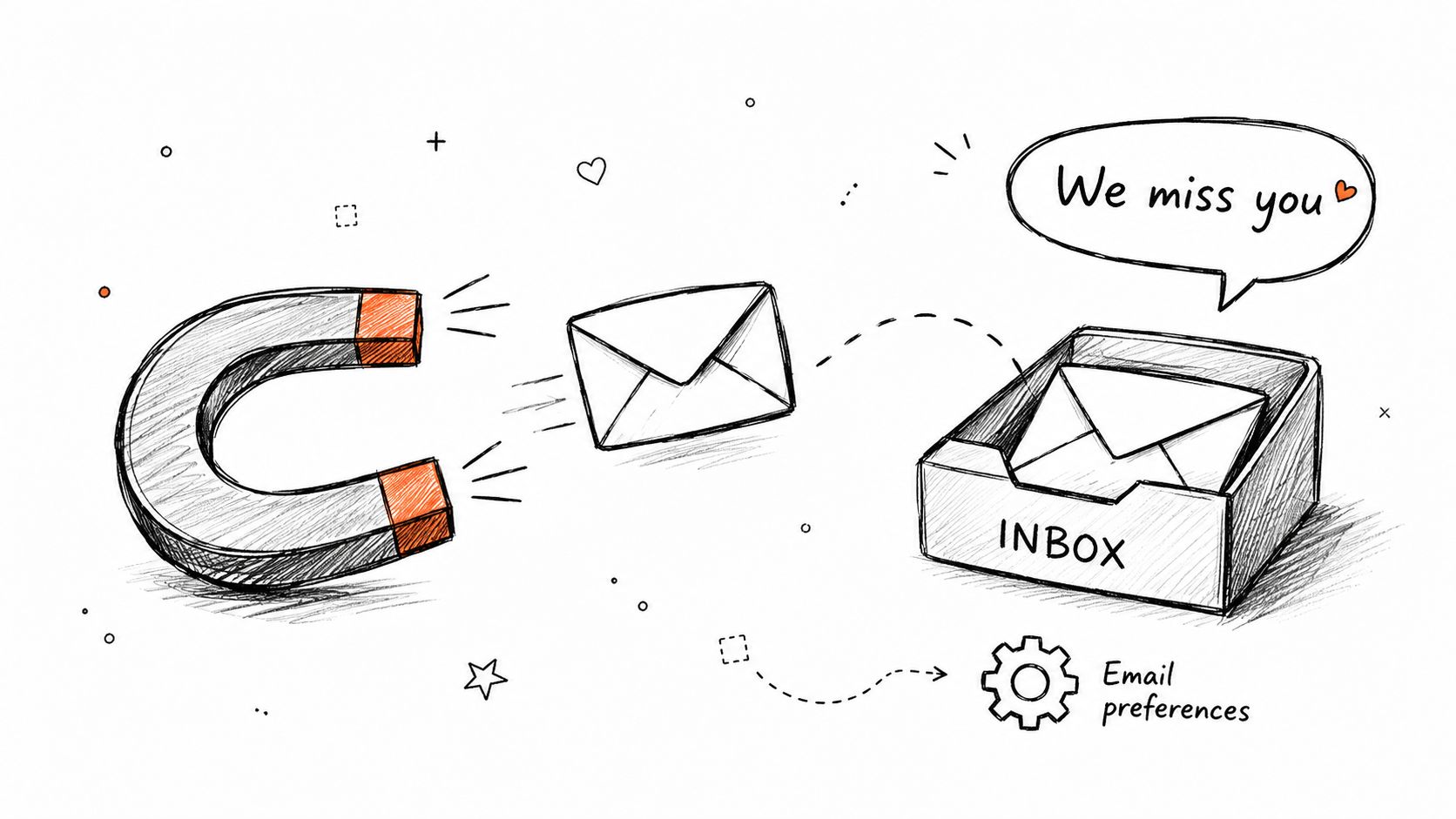 A hand-drawn illustration showing a magnet attracting an email into an inbox with a We miss you bubble.