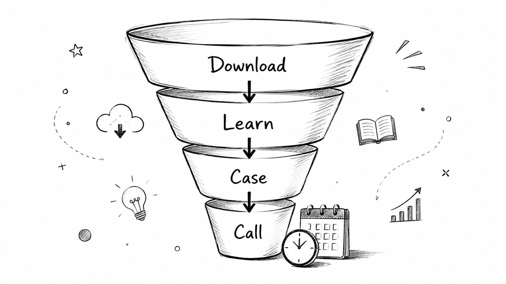 A hand-drawn funnel diagram representing a business marketing process consisting of four stages: Download, Learn, Case, Call.