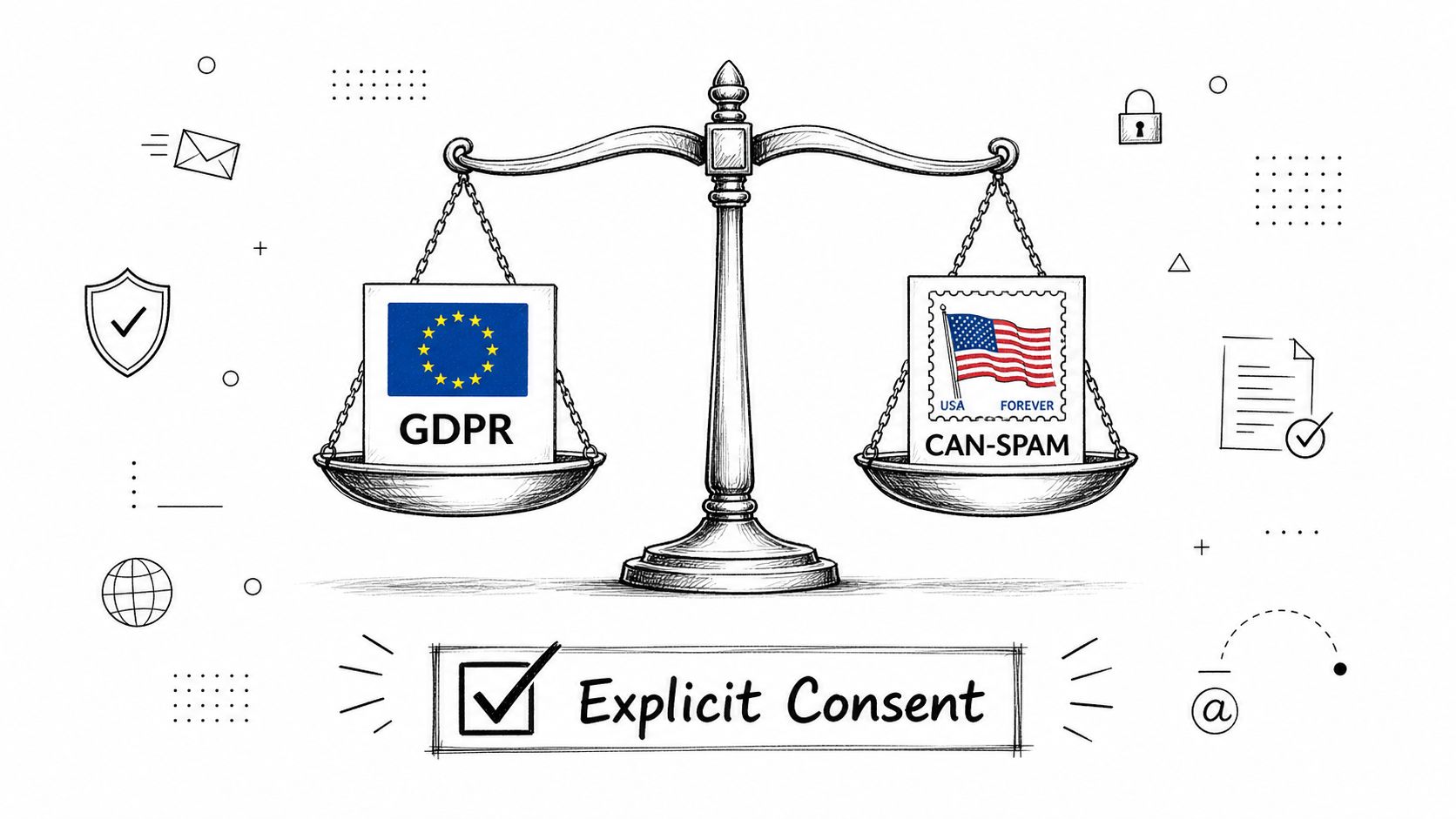 A hand-drawn illustration comparing GDPR and CAN-SPAM regulations on a balance scale with explicit consent highlighted below.
