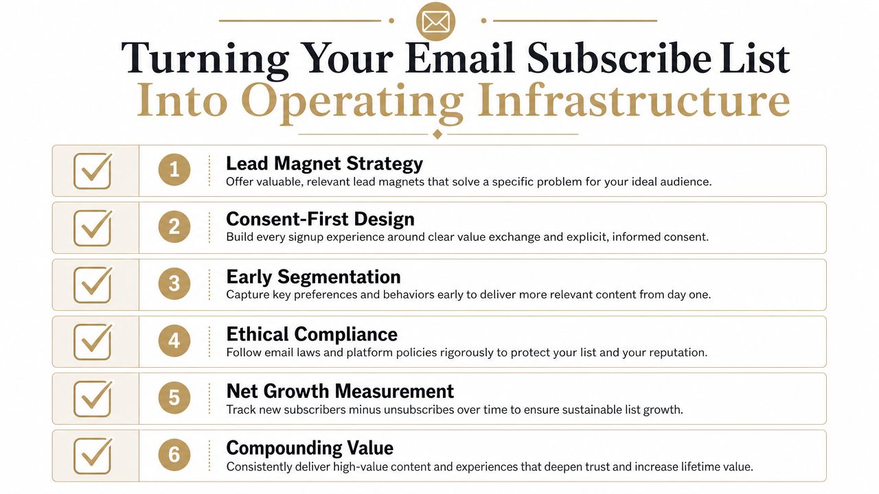A six-step infographic guide titled Turning Your Email Subscribe List Into Operating Infrastructure for business growth.