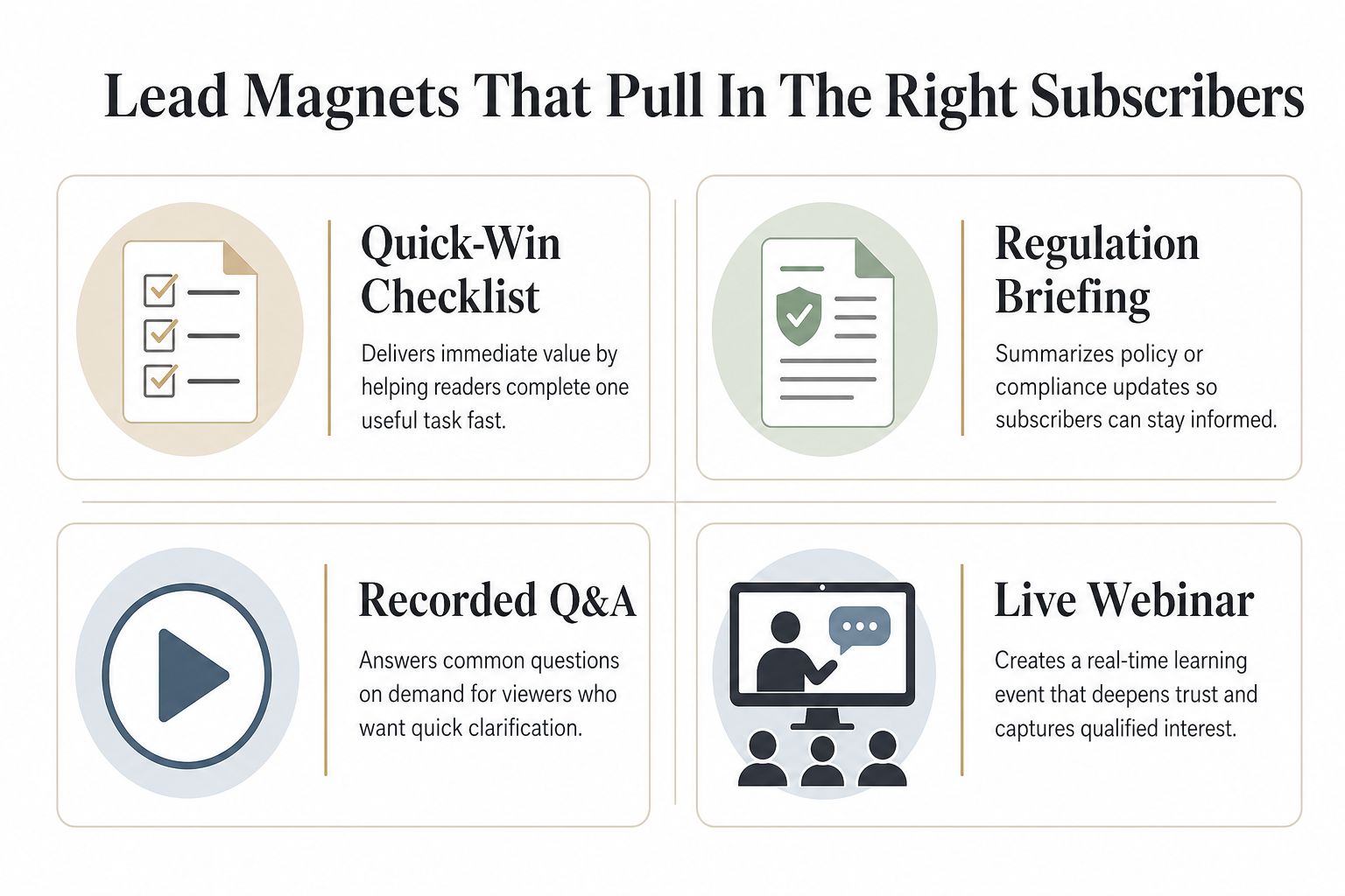 A list of four effective lead magnet ideas including checklists, regulation briefings, recorded Q&A, and live webinars.