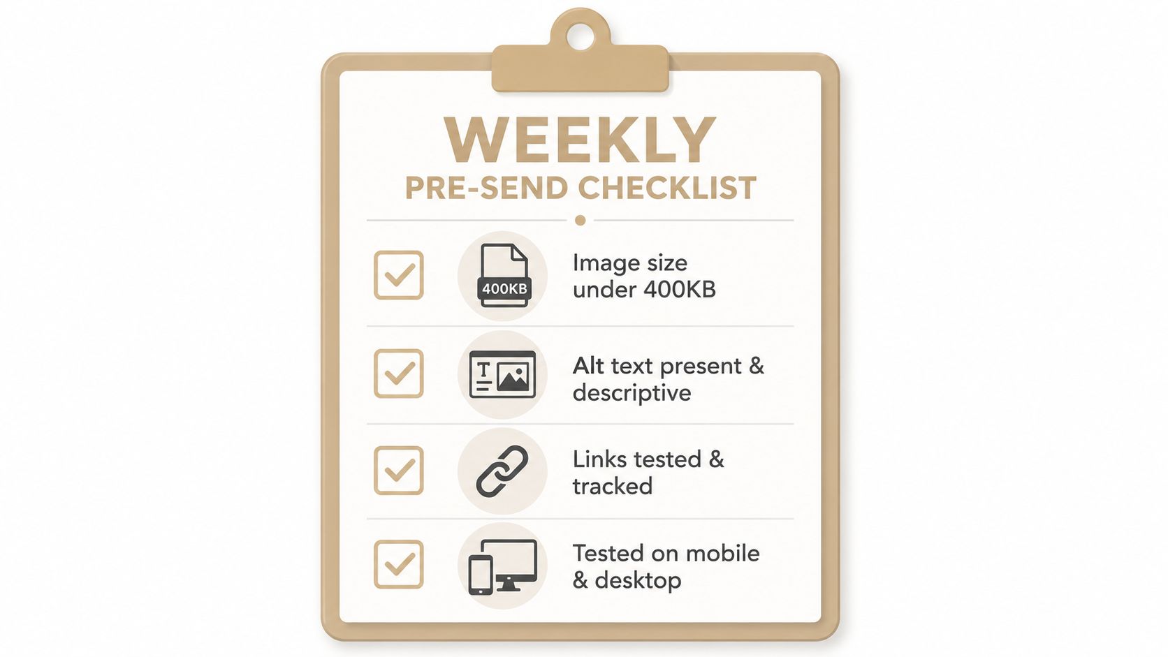 A weekly email pre-send checklist on a clipboard highlighting essential tasks for effective email marketing campaigns.