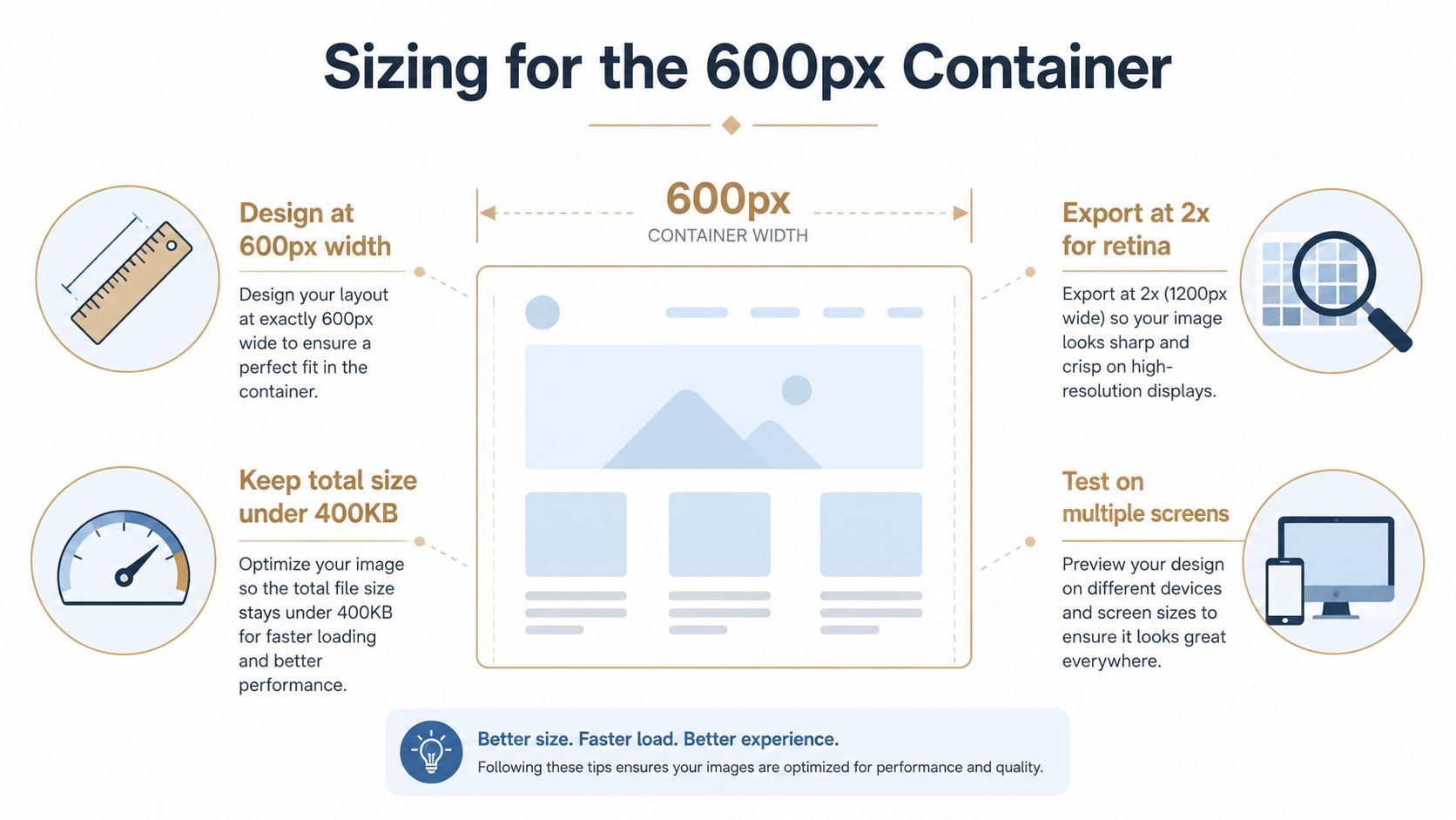 An infographic showing best practices for sizing and optimizing email graphics for a 600px wide layout.